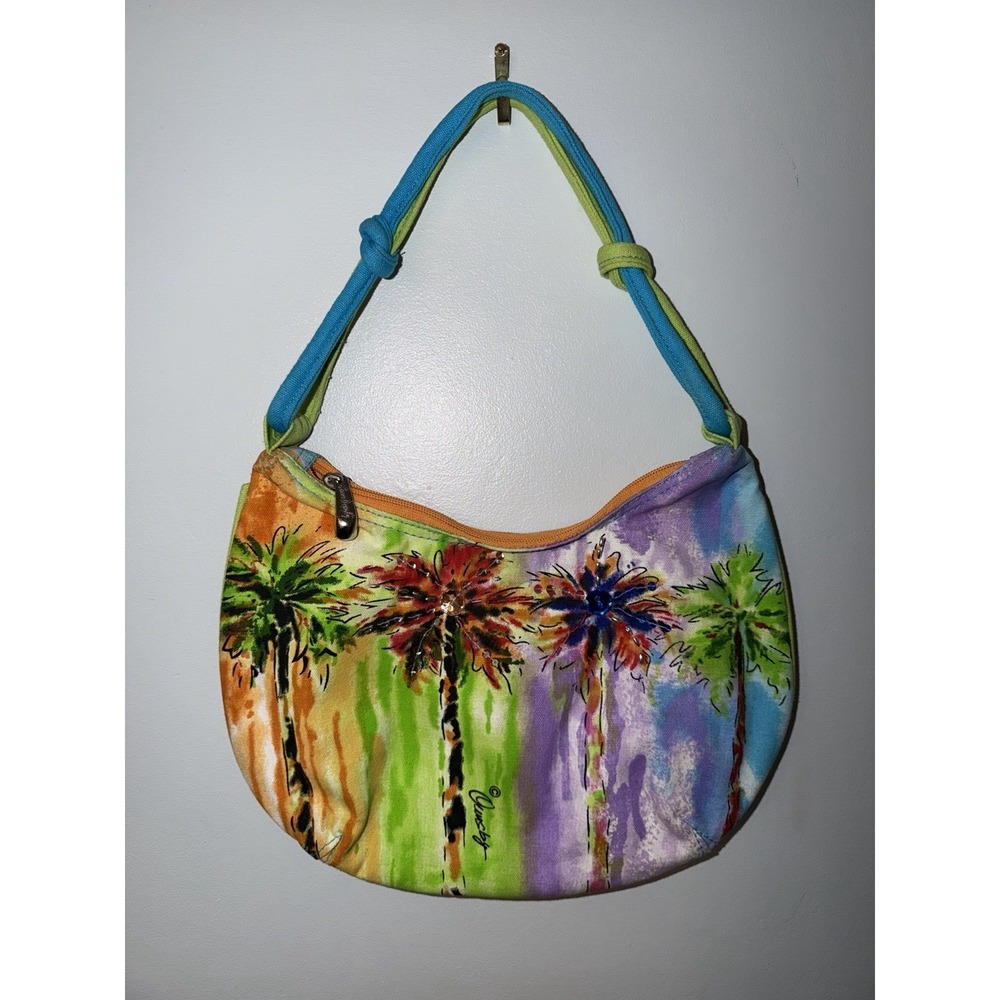 Anne Ormsby Y2K Tropical Palm Tree Shoulder Bag Beaded Canvas Beach Purse